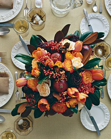 Pomegranate, Tulip, and Rose Arrangement – shared on Martha Stewart