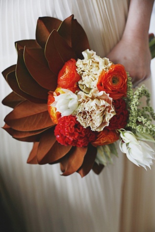 Eclectic Magnolia Leaf Wedding Bouquet – shared on the Style Me Pretty vault