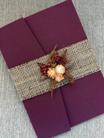 Burgundy and Burlap Wedding Invitation – created and sold by URinvtedus on Etsy
