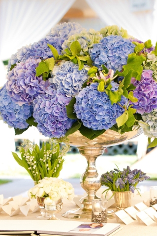 Serenity Blue Hydrangea Floral Arrangement – shared in a roundup post on MODWEDDING