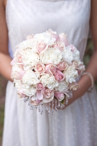 Light Pink Roses and Carnation Wedding Bouquet with Crystals – share in The Vault of Style Me Pretty