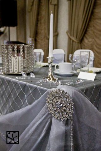 Pin Tuck Silver Tablecloth with Crystal Accents – shared by CV Linens