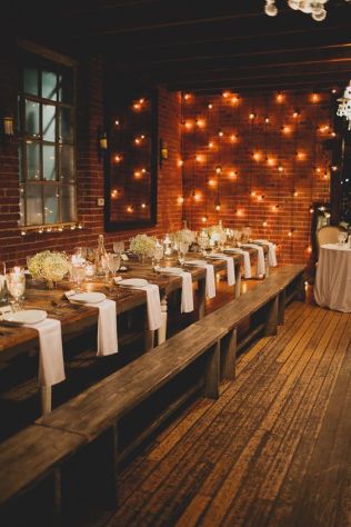 Rustic Tables and Benches with Baby’s Breath – shared on 100 Layer Cake