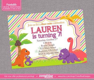 Digital Girl Dinosaur Birthday Party Invitation in Green and Orange – created and sold by ZoeyBlueDesigns on Etsy