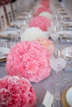 Pink and White Carnation Sphere Centerpieces – shared in the Style Me Pretty Vault