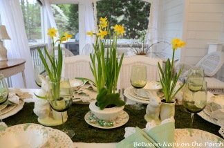 Spring Daffodil and Moss Easter Table Setting – shared by Between Naps on the Porch