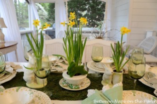 Spring Daffodil and Moss Easter Table Setting – shared by Between Naps on the Porch