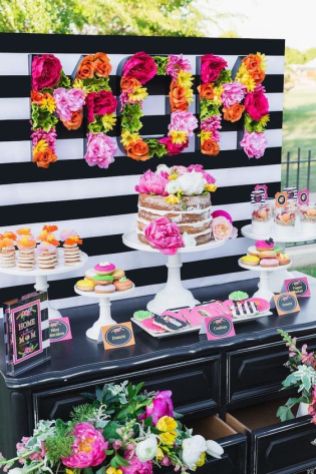 Vibrant Flowers “MOM” Food Buffet with Black and White Stripes – spotted on Pinterest
