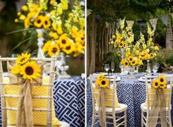 Yellow and Navy Summer Centerpiece and Tablescape with Sunflowers – shared by Southern Bride and Groom Magazine