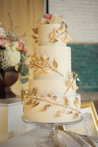 Gold Leaf and Branch Wedding Cake – shared by Ruffled