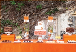 Minimalist Modern Dessert Buffet Table in Orange and White – shared on Hostess with the Mostess