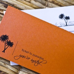 Orange Boarding Pass Invitation with Bird of Paradise – created and sold by SproullieDesigns on Etsy