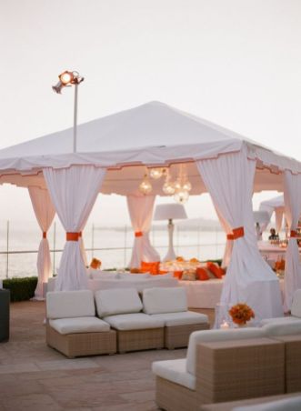 Clean White with Pops of Orange Cabana and Party Lounge – shared on Style Me Pretty