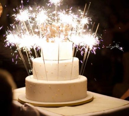 White Tiered Cake with Sparklers – shared in a round up post by Pop Sugar