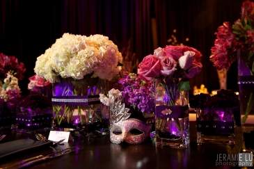 Glamourous Masquerade Centerpiece with Purple and Silver Mirror – designed by Red Carpet Events & Design