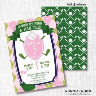 Pink and Green Preppy Golf Birthday Party Invitation – created and sold by misspokadot on Etsy