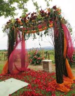 Plum and Burnt Orange Ceremony Vine Covered Altar and Mandap Overlooking Vineyard