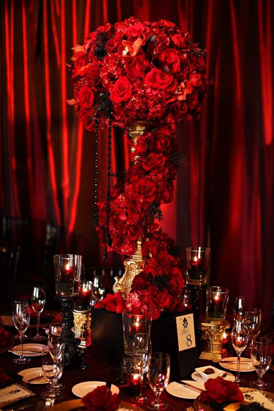 Red and Black Flower Centerpiece with Gothic Flair