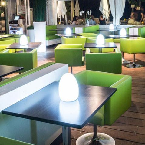 Modern Green Corporate Cafe Furniture with Glowing Centerpiece – featured on Glowmi.com